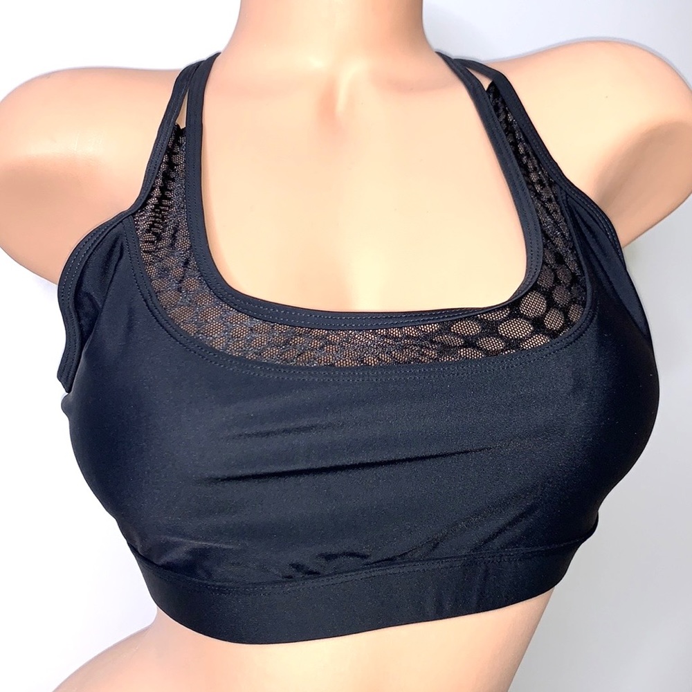 BLACK Mesh Net Swimsuit Bikini Back Tie Criss Cross Top Medium